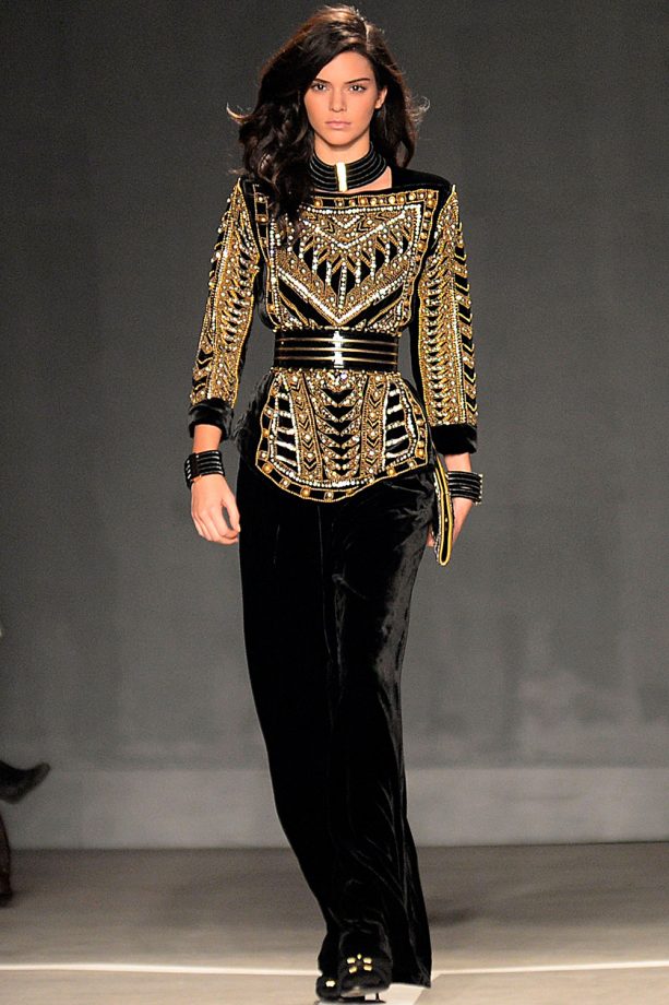 Kendall Jenner Models A Gold Studded Jacket At The Balmain X H&M Collection Launch In New York, 2015