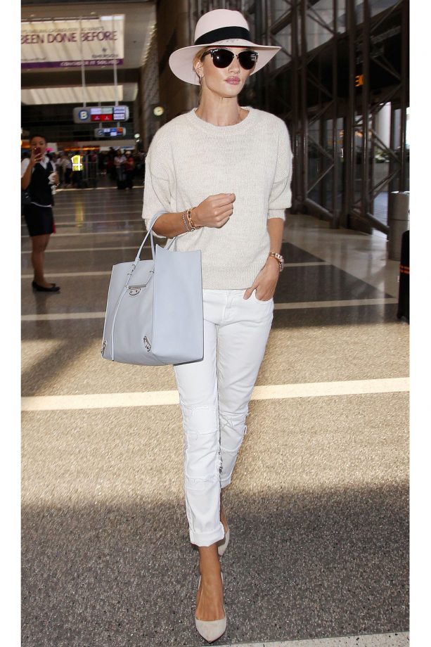 Rosie Huntington Whiteley Rocking A White And Pastel Look At LAX International Airport, Los Angeles, 2015