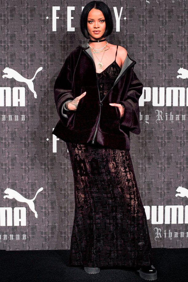 Rihanna Teams This Black Lace With A Velvet Hoodie At Her Fashion Collection Show During New York Fashion Week, 2016