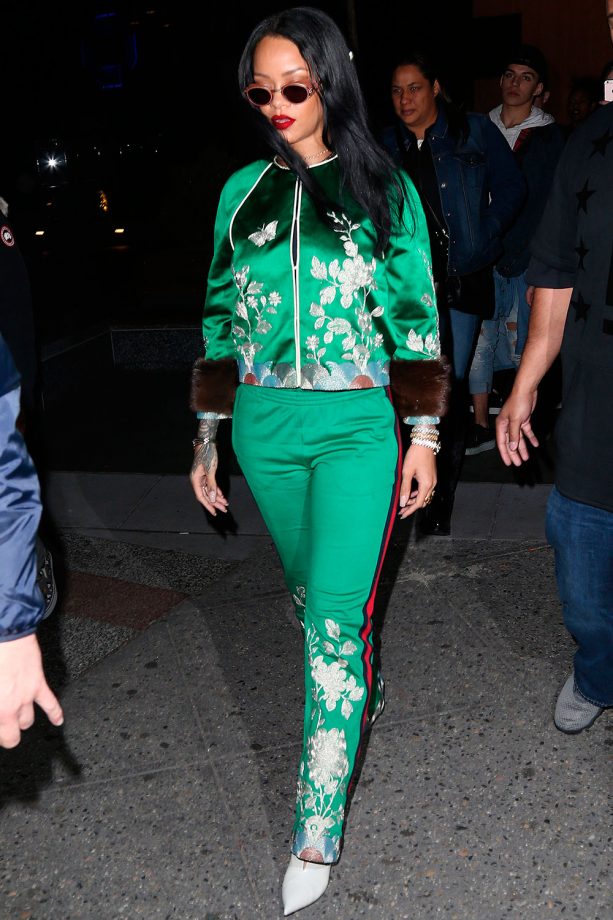 Rihanna Rocks A Green Embroided Gucci Tracksuit Out And About In New York, 2016