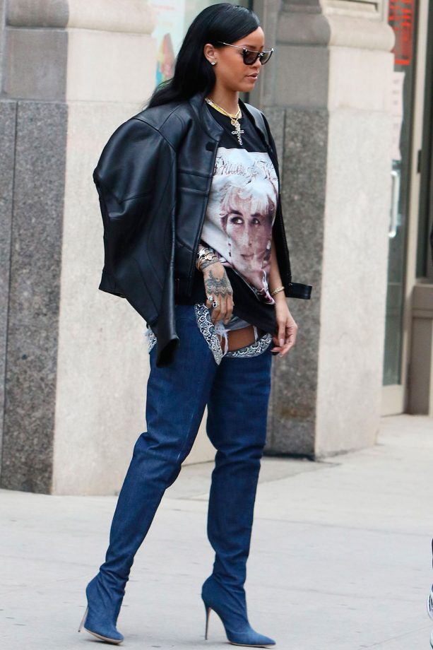 Rihanna Wears Denim Manolo Blanhnik Thigh High Boots And A Princess Diana Printed T-Shirt Out And About In New York, 2016
