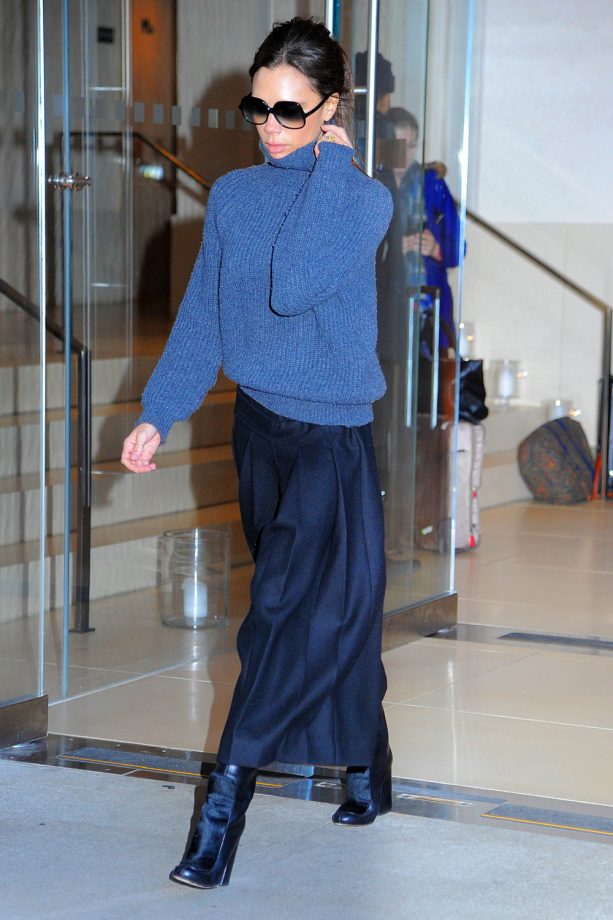 Victoria Beckham Adds Glamour To Her Cosy Knit With A Silk Maxi Skirt, 2016