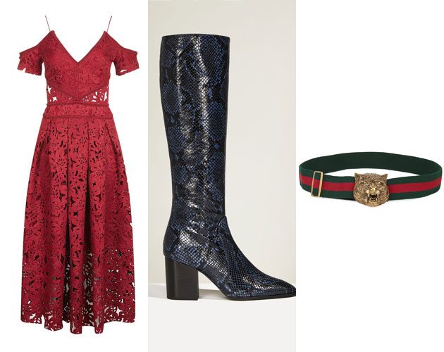 Dress, £150, Topshop; Boots, £179, Zara; Belt, £260, Gucci at Harvey Nichols