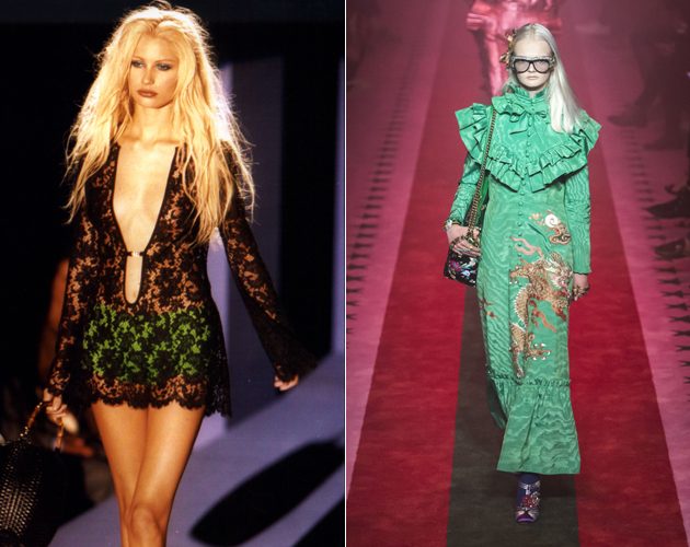 L-R: Tom Ford's designs for Gucci were renowned for their sex appeal, as seen at the spring/summer show in 1997, which are a far cry from Alessandro Michele's creations for the brand