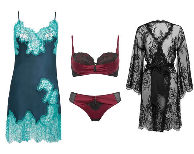Left to right: Chemise, £100; Red bra, £40 and thong, £20; Black robe, £50