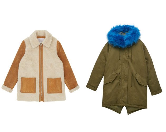 Shearling jacket, £159; Parka, £119