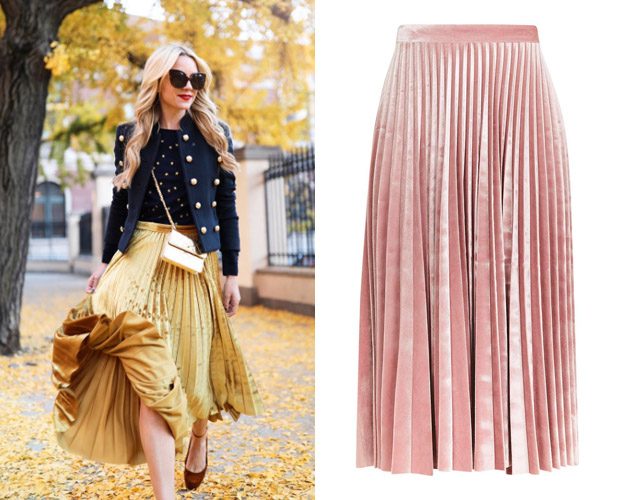 Mega blogger Blaire Eadie chose Topshop's yellow velvet skirt. The pink version (R) was also a sell-out.