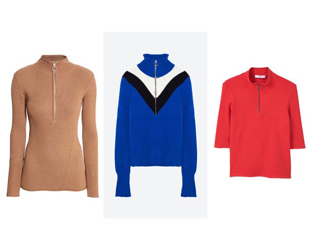 Left to right: Beige zip up, H&M, £12.99; Blue zip up, Zara, £25.99; Red zip up, Mango, £17.99