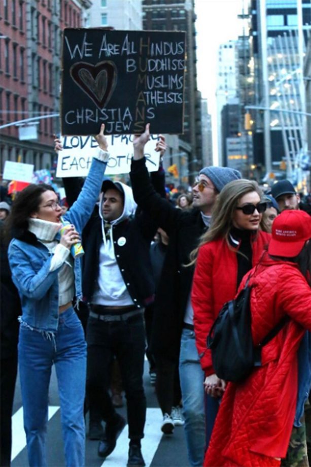 Bella And Gigi Hadid Attend Protest March In NYC